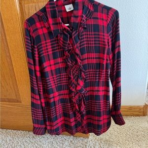 Cabi blouse, button front, red and navy plaid. Ruffle front excellent condition.
